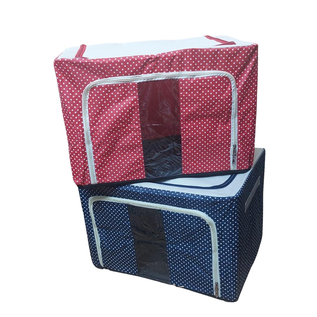 Obliss 66L Large Storage Bags for Clothes, Sarees, Blankets & Quilts | Foldable Underbed Storage Organizer Box with Transparent Window | Wardrobe Organizer for Home | Oxford Fabric |1 Blue Dot Polka-picture-21