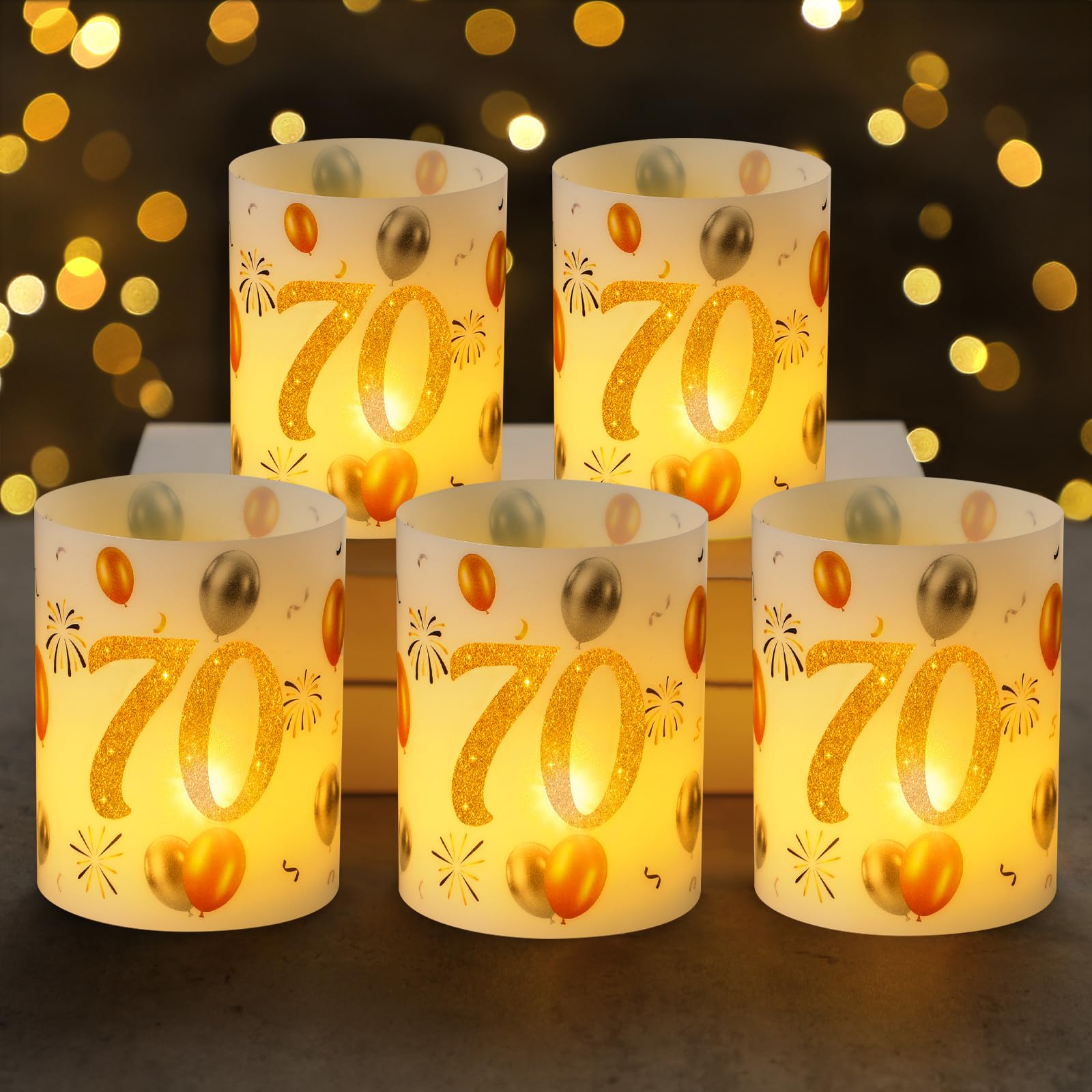 View 1 of Kittmip 10 Sets 70th Happy Birthday Centerpieces for Table Gold and White Decorations Lantern with Tea Lights Candles Centerpieces for Table Ideas for Women Men 70th Party Supplies