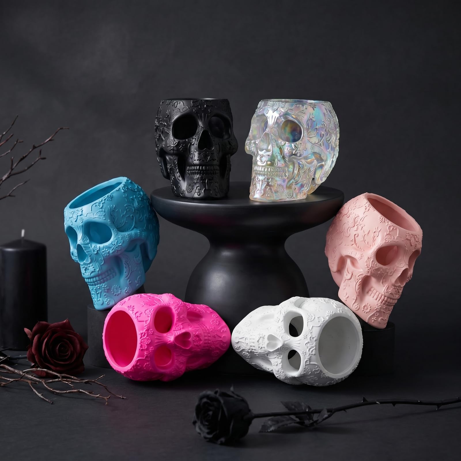 Skull Makeup Brush Holder, Pen Holder, Vanity, Desk, Office Organizer, Stationary, Decor Planter , Candy Bowl , Goth Decorations , Extra Large, Skulls Gothic Skull & Bones Organizer Bathroom (Black)