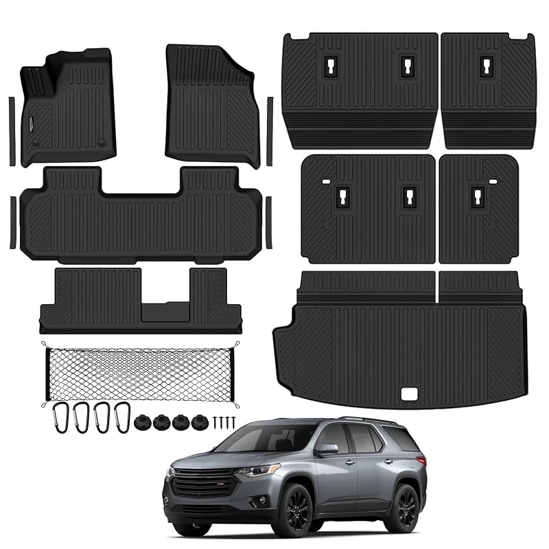 Kit de tapetes automotivos em TPE para Chevy Traverse 2018–2023 de 8 lugares, preto