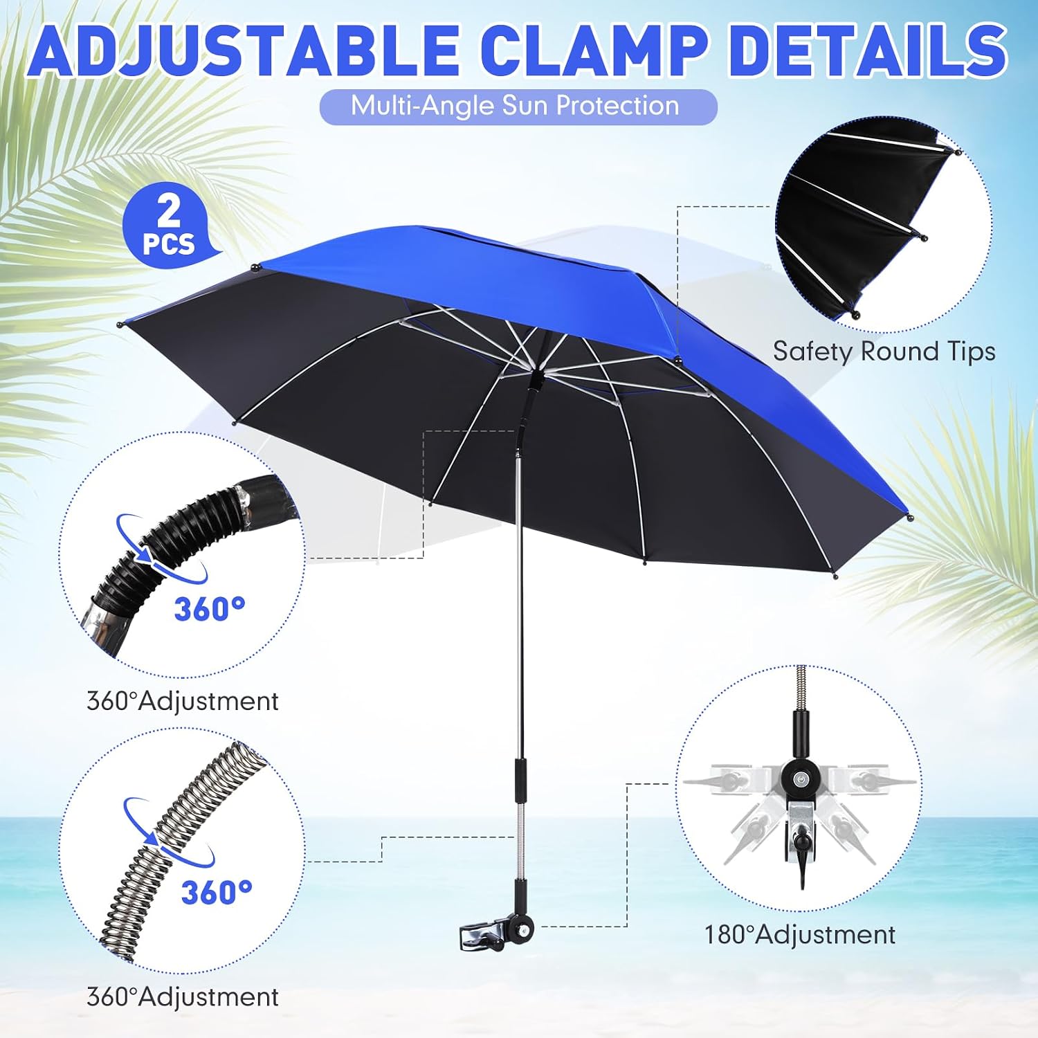 Nuanchu 2 Pcs 49" Double Canopy Beach Umbrellas with Clamp Upf50+ Beach Chair Umbrella with Clip 360 ° Adjustable Portable Outdoor Wheelchair Patio Golf Carts Camping Stroller Fishing