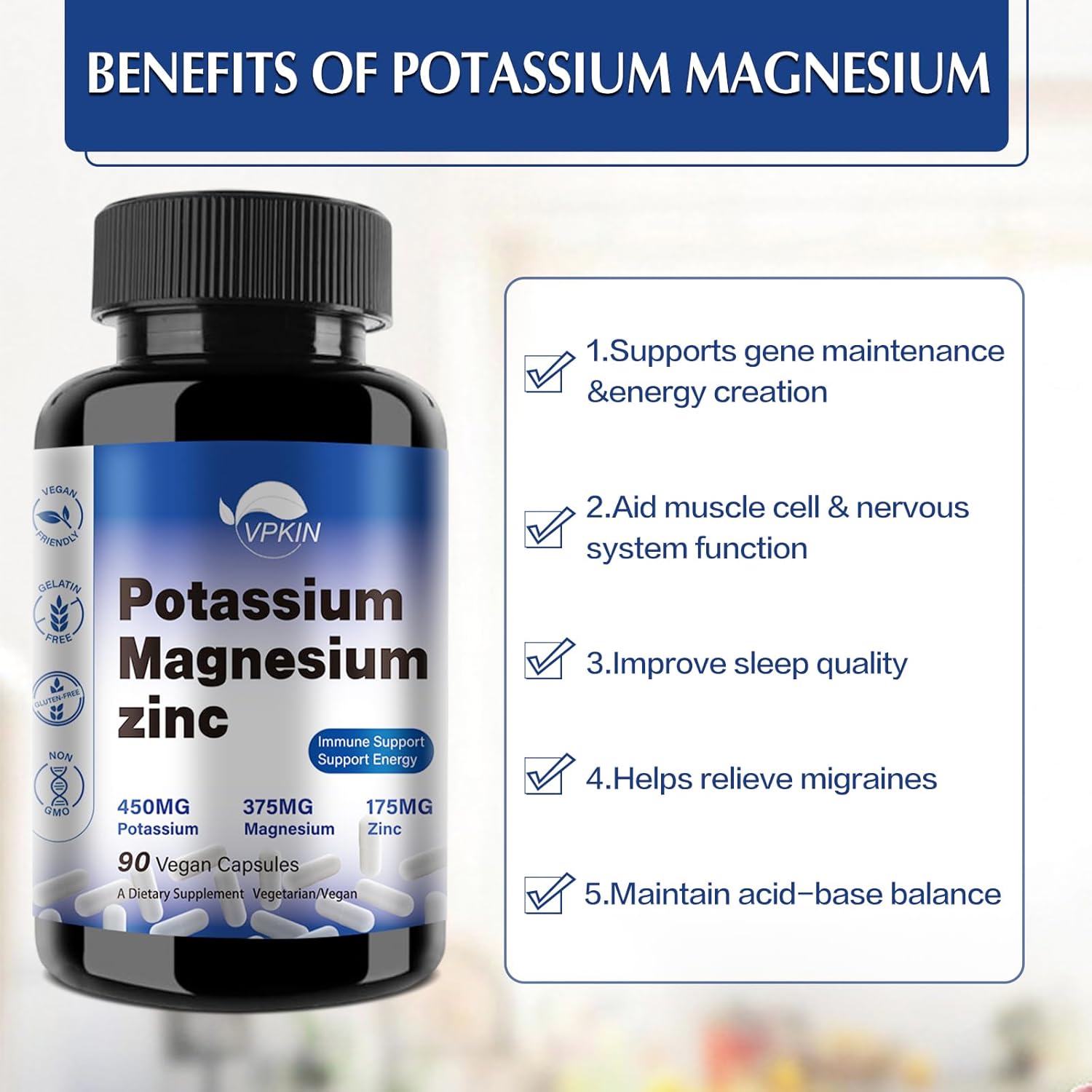 Potassium Magnesium Supplement 1000mg,High Absorption Magnesium Potassium Zinc Aspartate (90 Capsules)