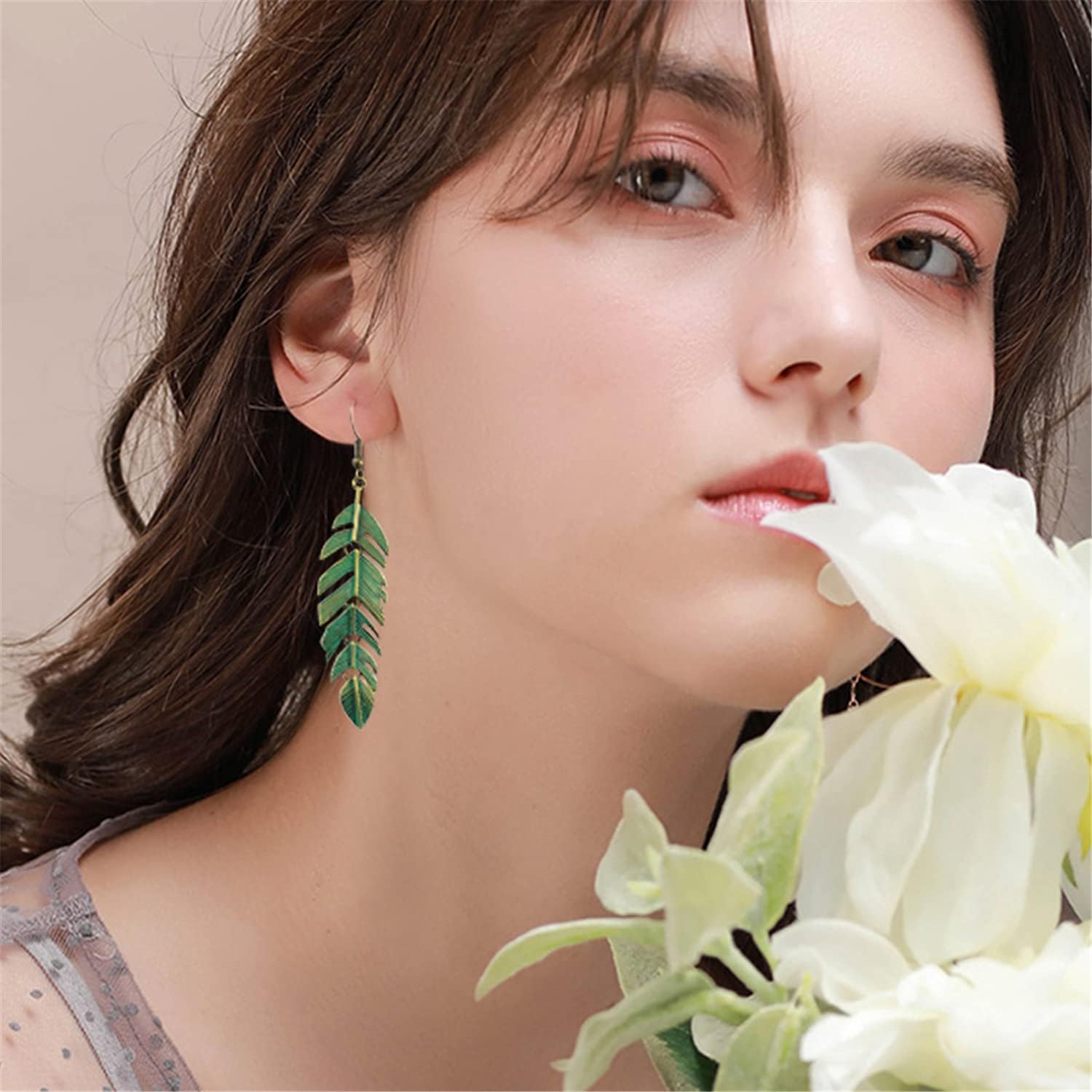ANDPAI Handmade Boho Floating Feathers Dangle Drop Earrings Lightweight Vintage Green Bronze Statement Leaves Earrings with Detailed Texture Earring for Women - Image 5
