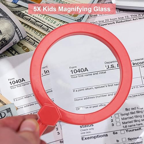 Miniatura 5 de Lupa para niños, lupa de mano jumbo con soporte, lupa de lectura para juegos de exploración para niños, lupa de aumento 5X (edades de 3 +) (rojo)