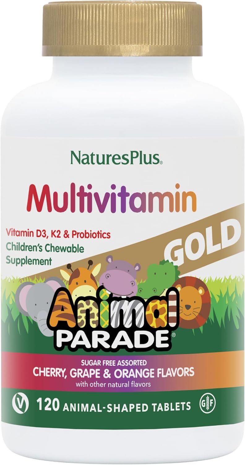 Natures Plus Animal Parade Gold Children’s Multivitamin – 120 Animal-Shaped Chewable Tablets – Assorted Cherry, Orange & Grape Flavors – Vegan, Gluten Free – 60 Total Servings
