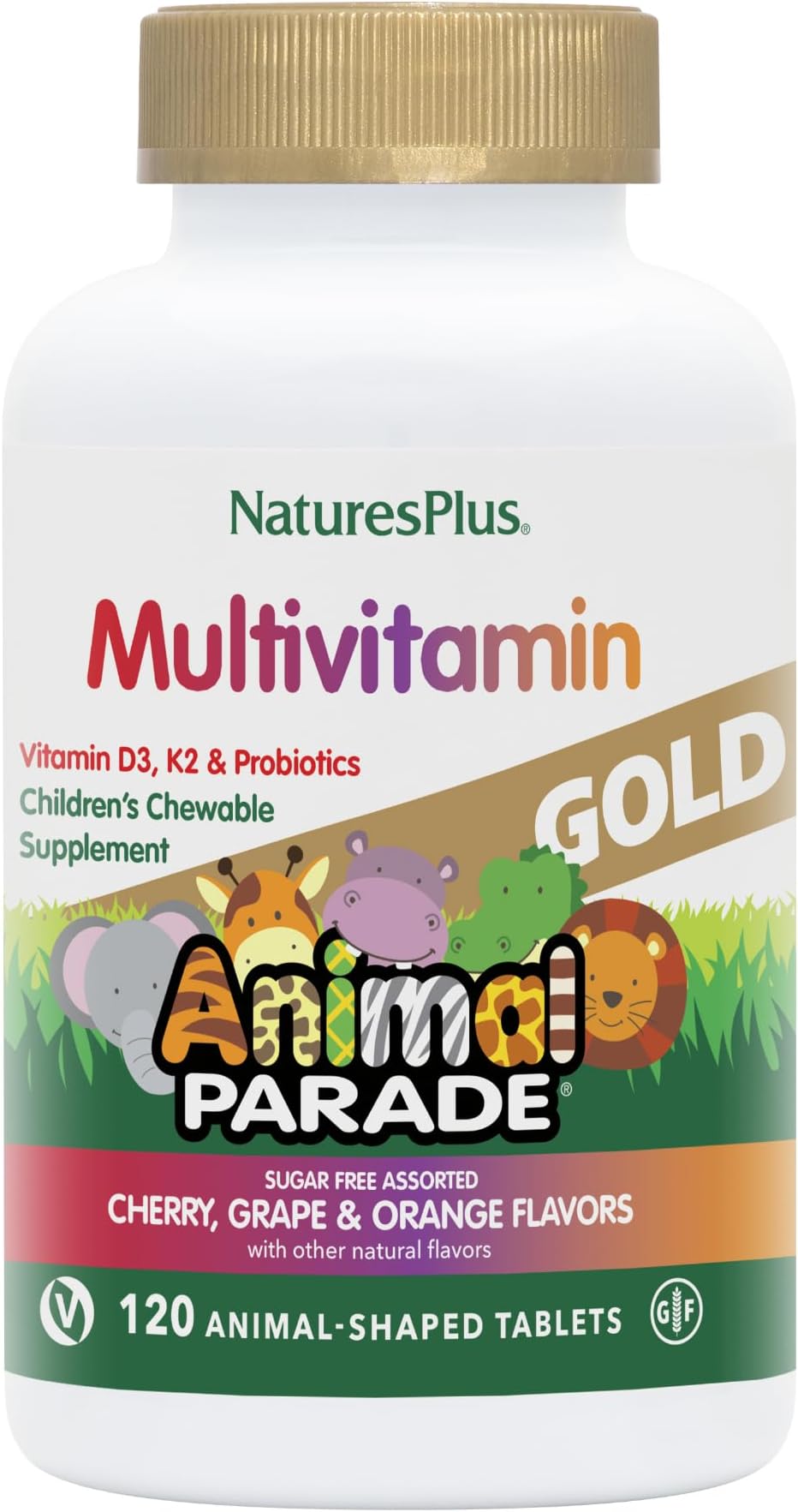 Animal Parade Gold Children's Multivitamin - Assorted Cherry, Orange & Grape Flavors - 120 Chewable Animal-Shaped Tablets - Vegetarian, Gluten Free - 60 Servings