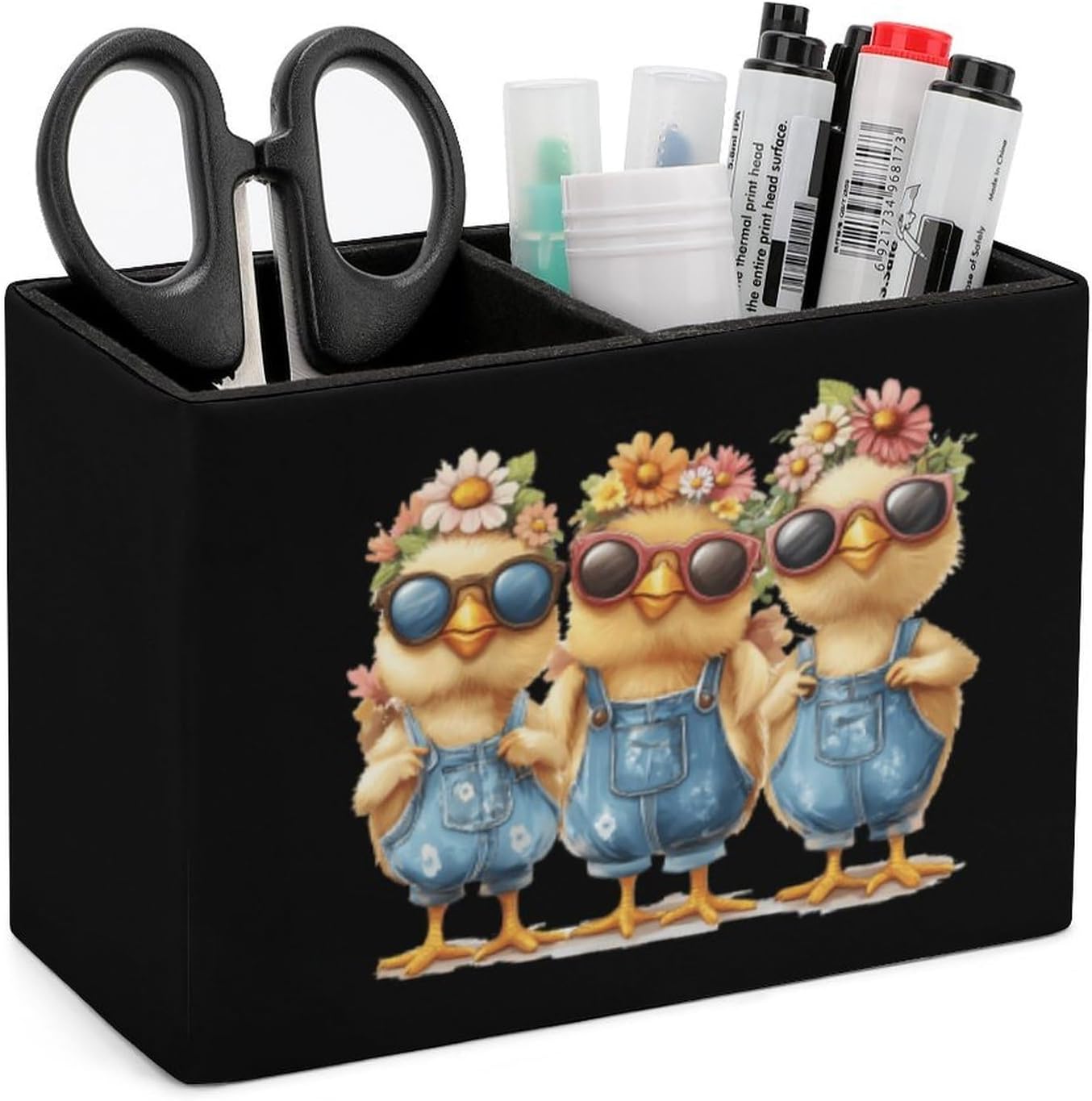 Chicken Mom Lady Pencil Pen Holder PU Leather Desk Storage Organizer Makeup Brush Box