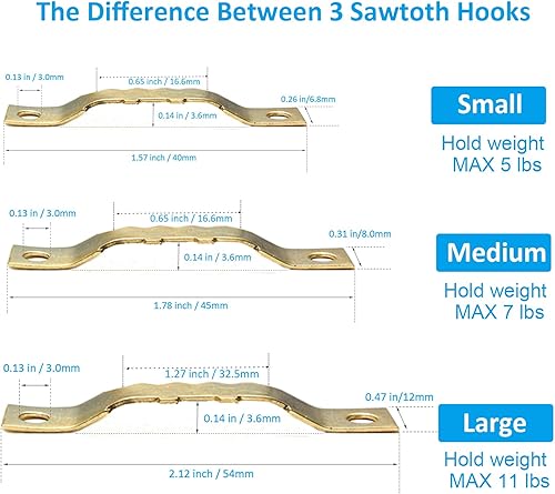 Miniatura 7 de Perchas de dientes de sierra a granel (mediano), 30 ganchos dorados de dientes de sierra con 60 tornillos, para marcos de fotos, fotos, obras de