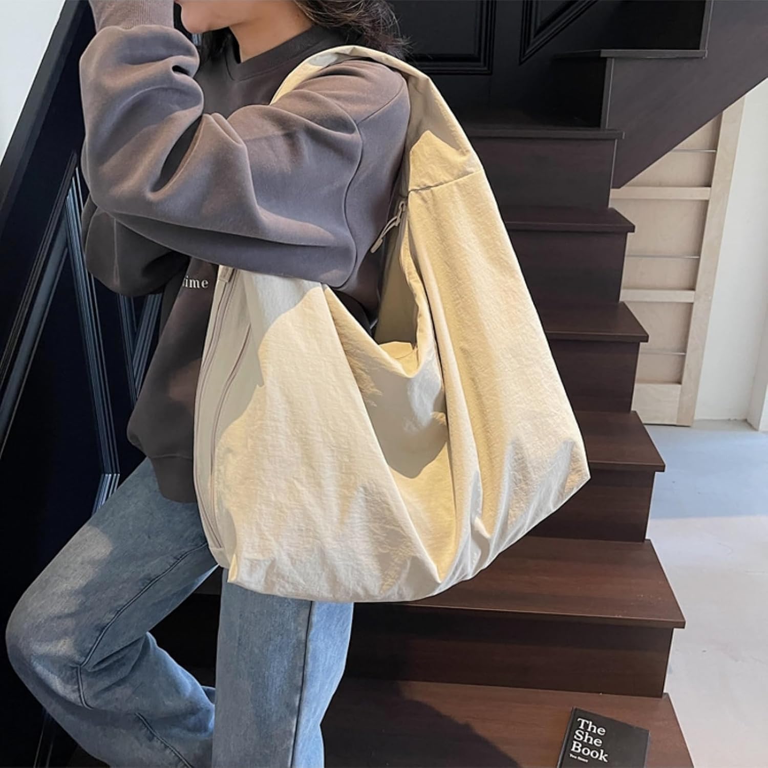 Slouchy Tote Bag 2026 Nylon Solid Pleated Handbag Men Women Large Shoulder Travel Gym Casual Commute Weekend Vacation - Image 2