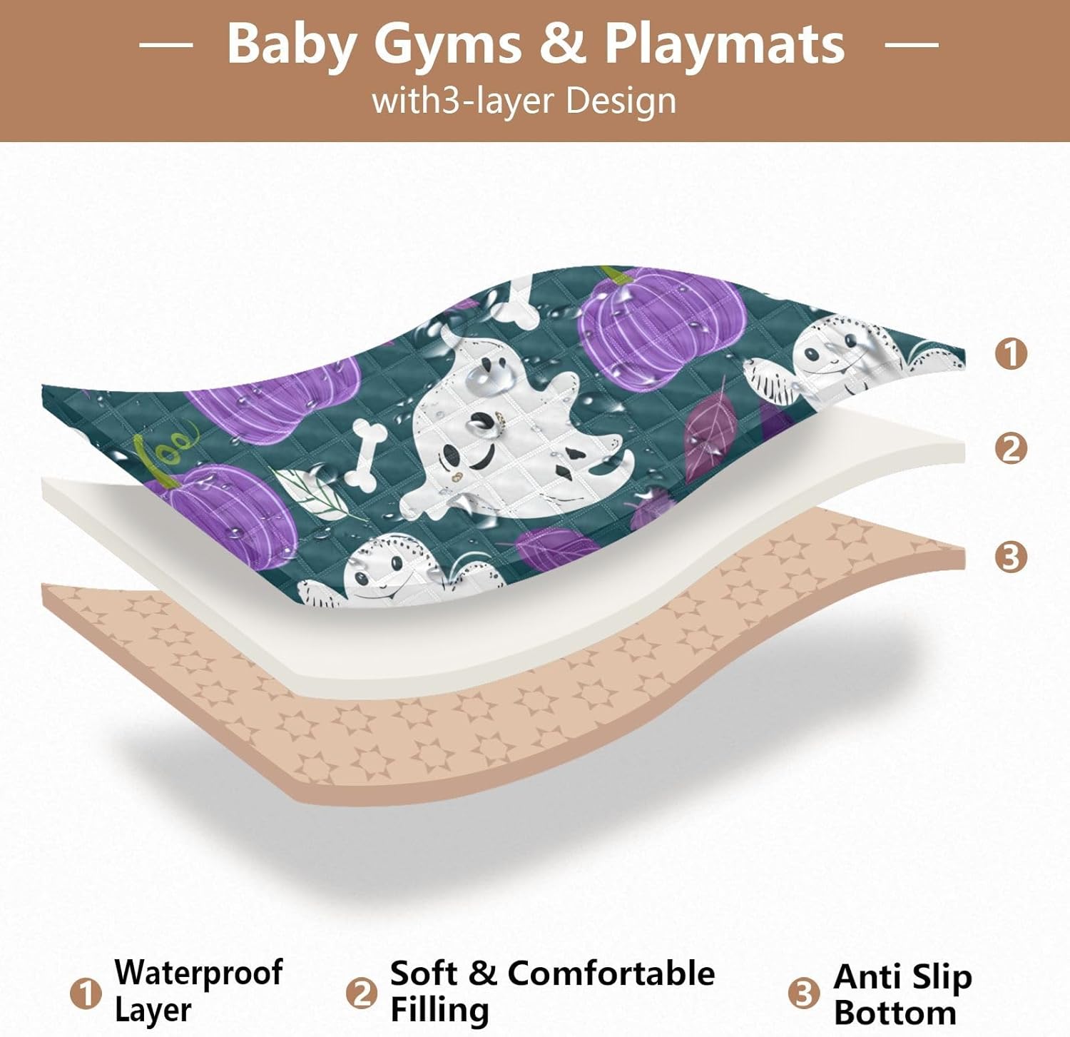 Abstract Ghosts & Pumpkins Baby Play Mat, 50“ X 50” Washable Folding Crawling Mat, Baby Floor Mat, Soft, Non-Slip