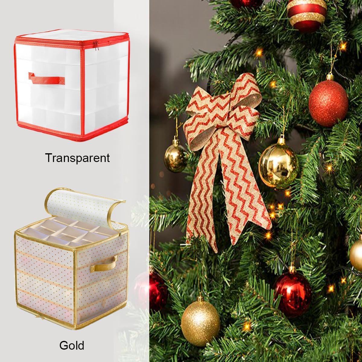 Aufbewahrungsbox für Weihnachtskugeln, Weihnachtskugeln Dekorationen Aufbewahrung für 64 Verstellbaren Fächer mit Deckel Seitliche Griffe (Transparent)