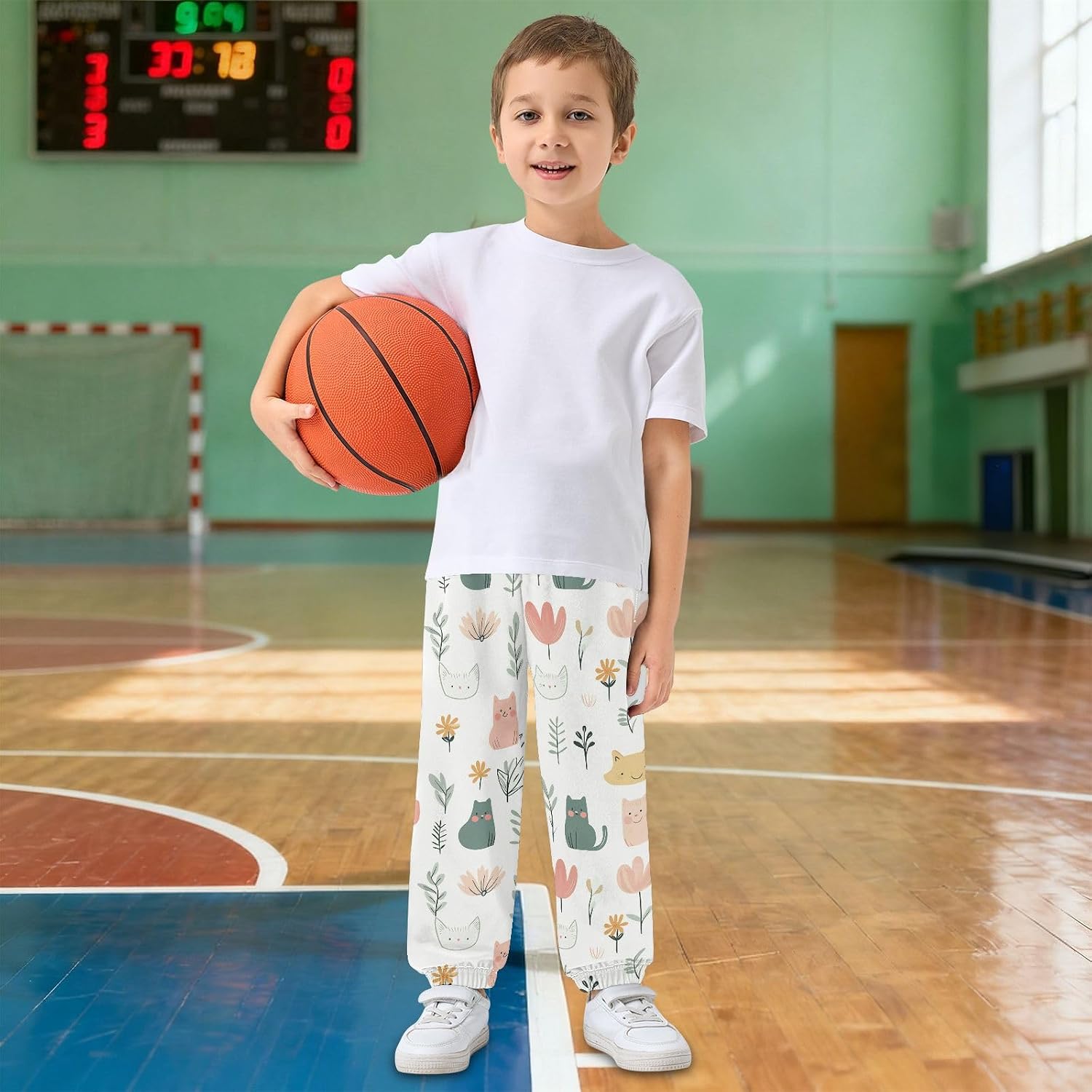 Boy Sweatpants Flower Cute Cat Animal Joggers Casual Athletic Pants Kids Elastic Waist Cuffed with Pockets
