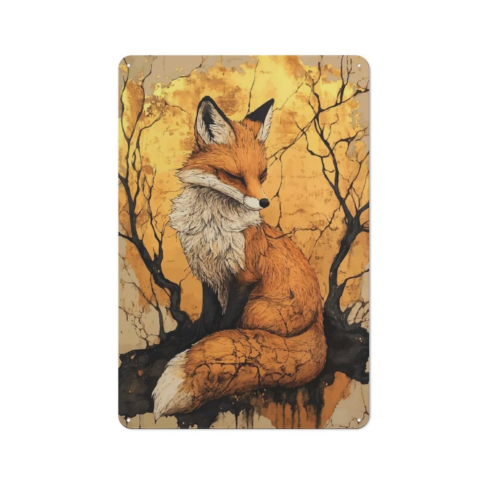 Junmoney Style Kintsugi Golden Fox Illustration Rustic Metal Sign 30X20cm For Garden Room Or Summerhouse, For Themed Interiors In Garden Rooms And Summerhouses