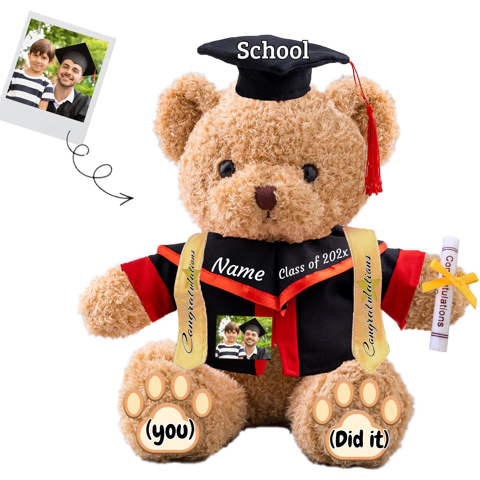 JABECODIFA Graduation Teddy Bear with Text+Photo, Personalised Bear Stuffed Animal as 2026 Graduation Gift for Him/Her as High School Kindergarten College Grad Gift 2026 (12 IN-Text+Photo)