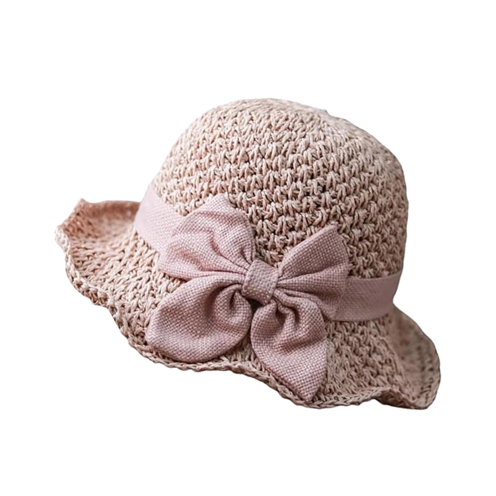 HFDHD Versatile Retro Woven Handmade Straw Hat with Ruffled Bow,Womens Straw Bucket Hat Foldable Wide Brim Floppy Beach Sun Hats (Pink)