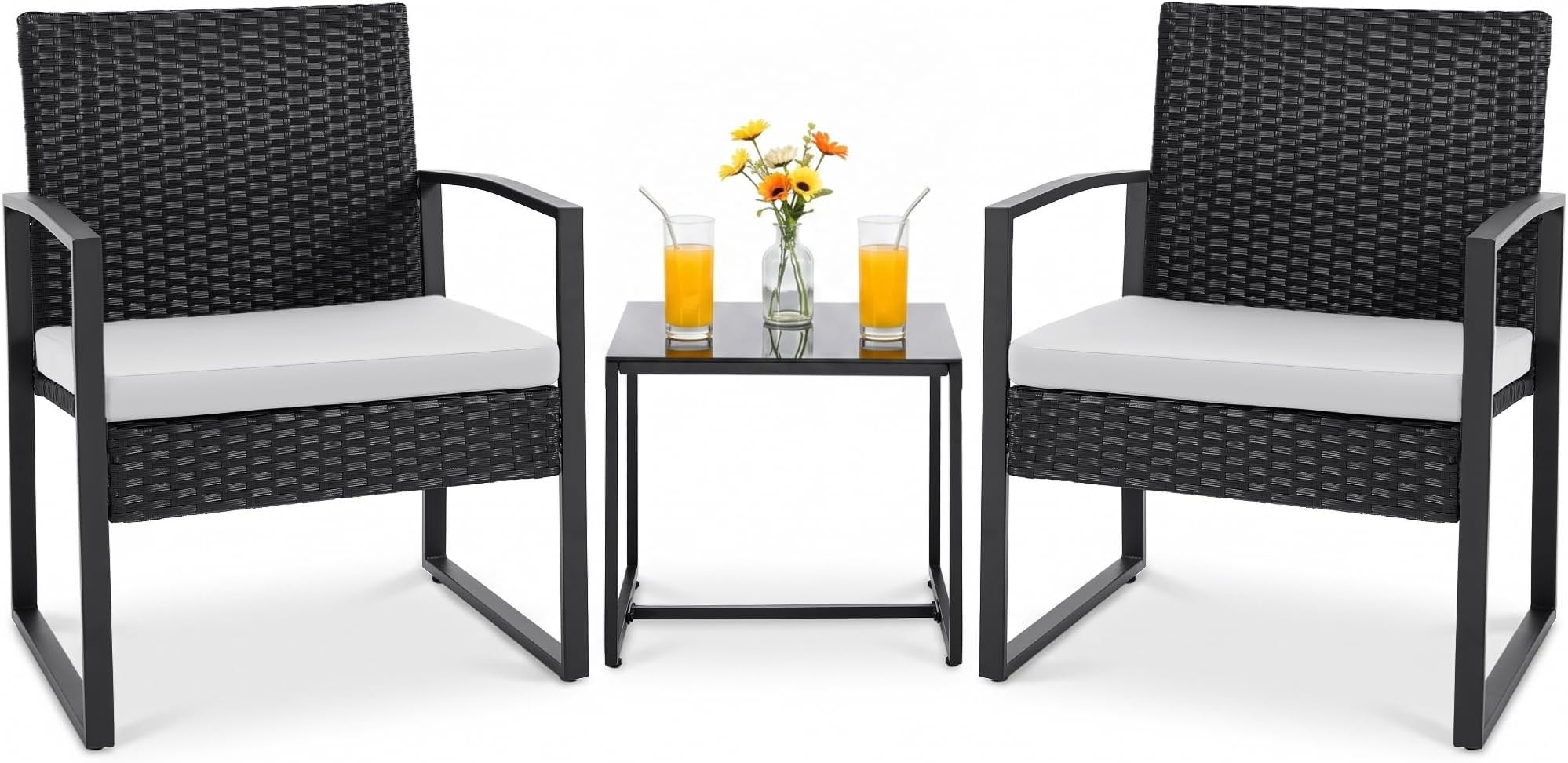 Flamaker 3 Pieces Patio Furniture Outdoor Wicker Modern Rattan Chair Conversation Sets with Coffee Table for Yard, Bistro(White)