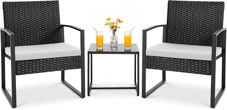 Flamaker 3 Pieces Patio Furniture Outdoor Wicker Modern Rattan Chair Conversation Sets with Coffee Table for Yard, BistroWhite