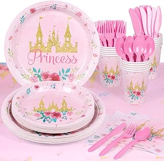 DECORLIFE Princess Plates for 16 Guests, Princess Birthday Party Supplies 113PCS Includes Tablecloth, Napkins, Cups, Utensils for Girls Baby Shower