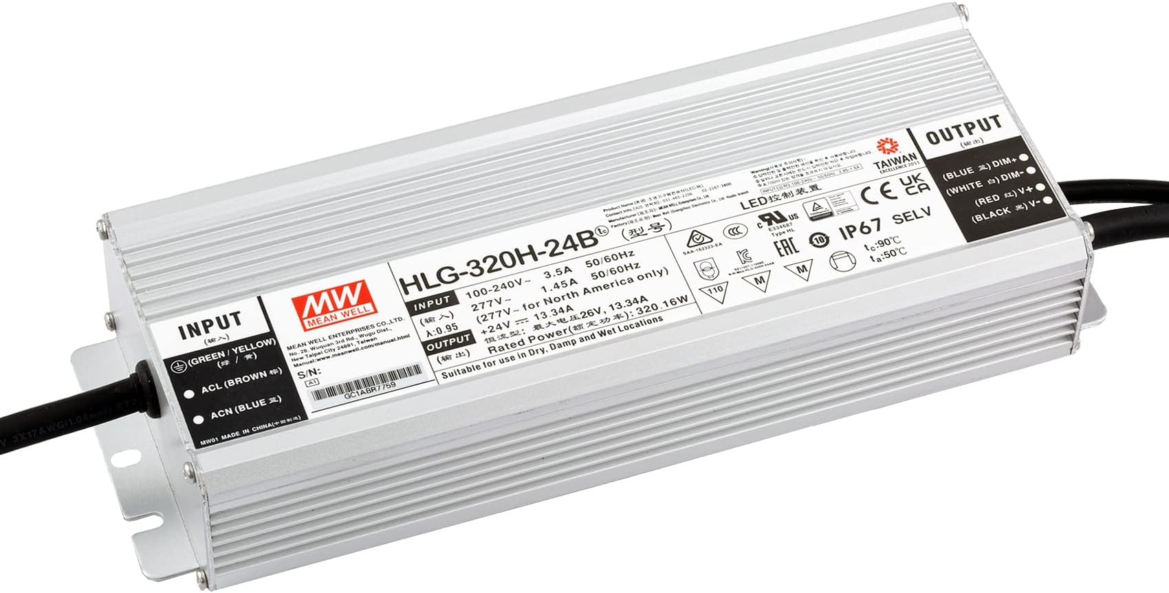 Mean Well HLG-320H-24B 320W 24V DC Switching Power Supply/LED Driver - Dual Mode CV + CC Output, 3 in 1 Dimming Function