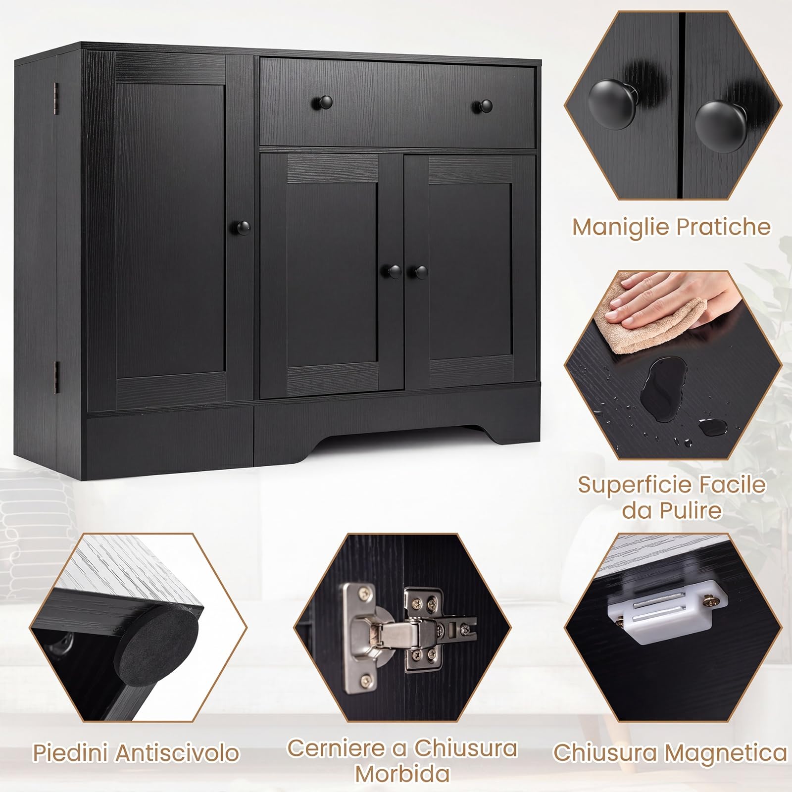 COSTWAY Credenza Buffet da Cucina in Legno, 105 x 40 x 83 cm (Nero) | Mobile Dispensa da Cucina con Cassetto, Ripiani, Anta Girevole con Ruota, Armadietto a 2 Ante, per Soggiorno e Sala da Pranzo