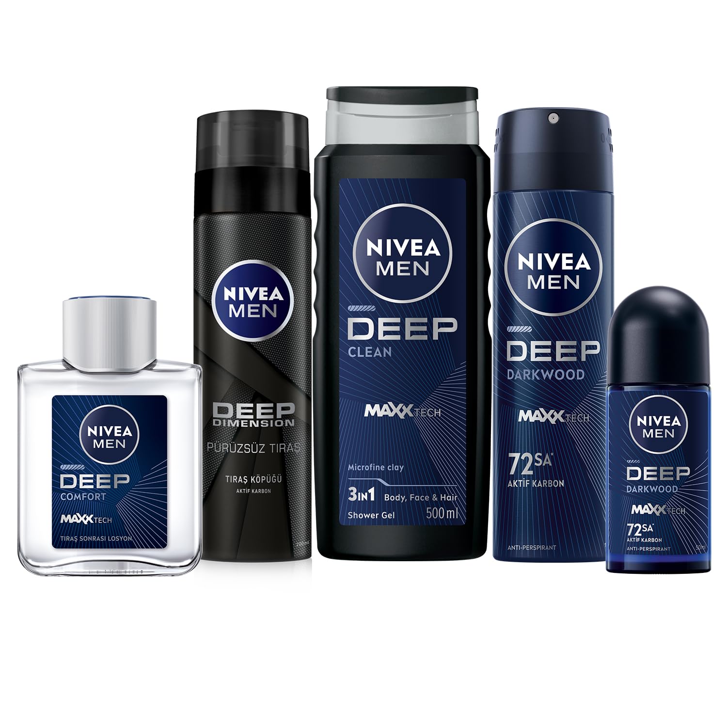 NIVEA MEN Erkek Deep Dimension Duş Jeli 500 ml +Tıraş Köpüğü 200 ml + Tıraş Sonrası Losyon 100 ml + Roll on Deodorant Deep Dimension 50 ml + Sprey Deodorant Deep Dimension Darkwood 150ml