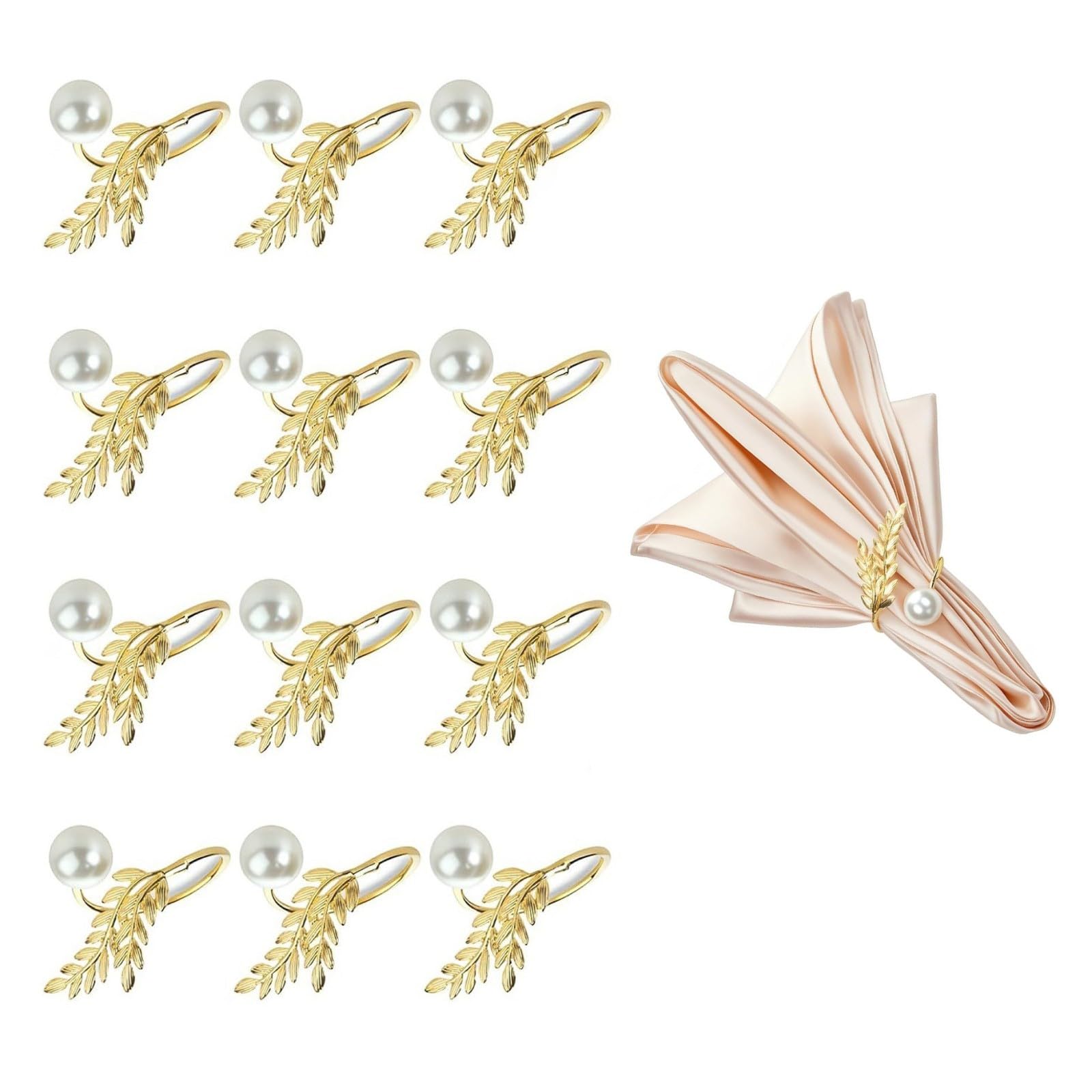 Xinsheinelry Luxurious Golden Wheat Napkin Rings with Pearls, Alloy Dinnerware Decor for Festive Gatherings & Rustproof Design Golden Wheats Pearls Tableware Accessories