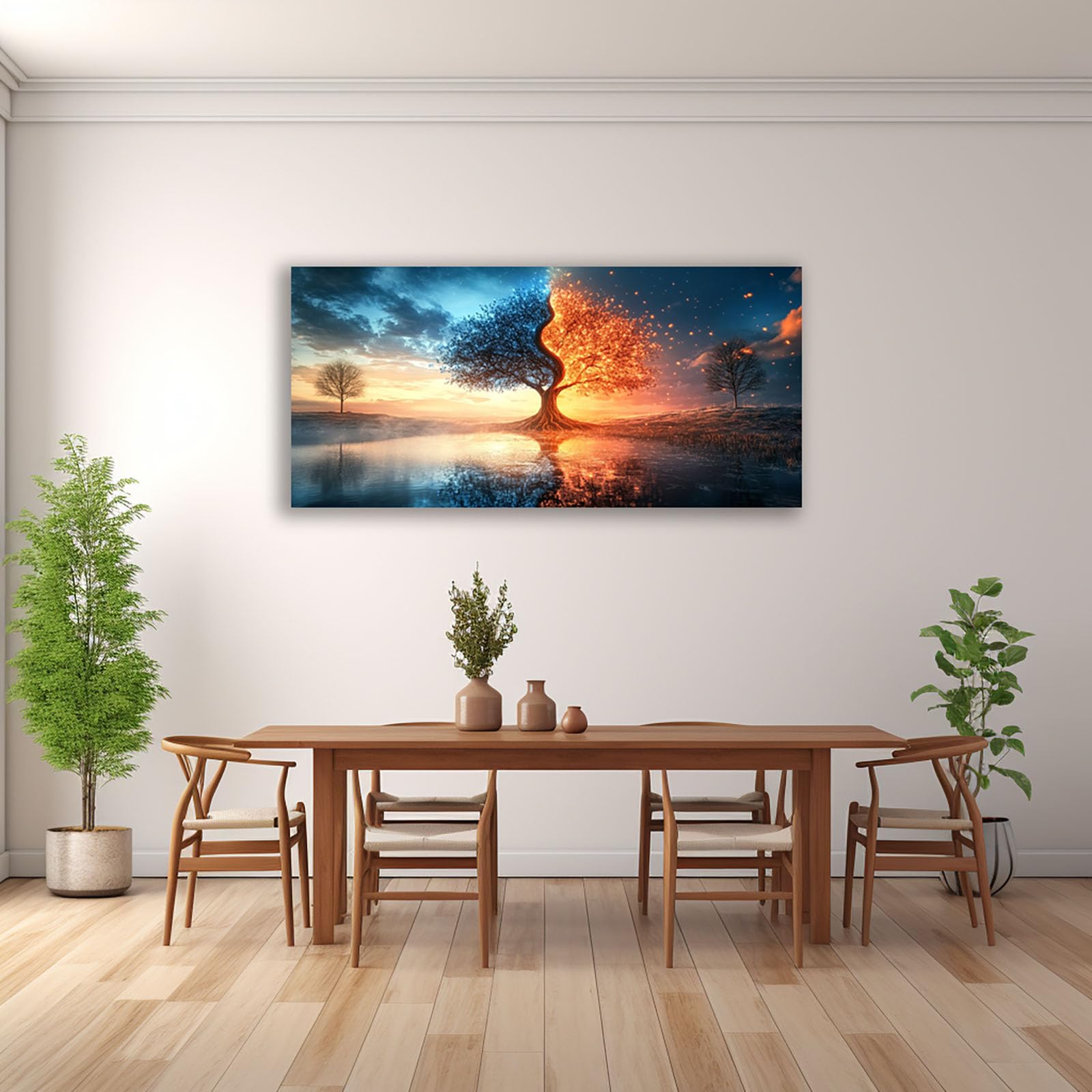 JOSUE Granatowe drzewo życia, płótno zachód słońca, nowoczesna dekoracja do salonu, sypialni - naturalne obrazy krajobrazowe (srebrne 29) - 60 x 120 cm, oprawione