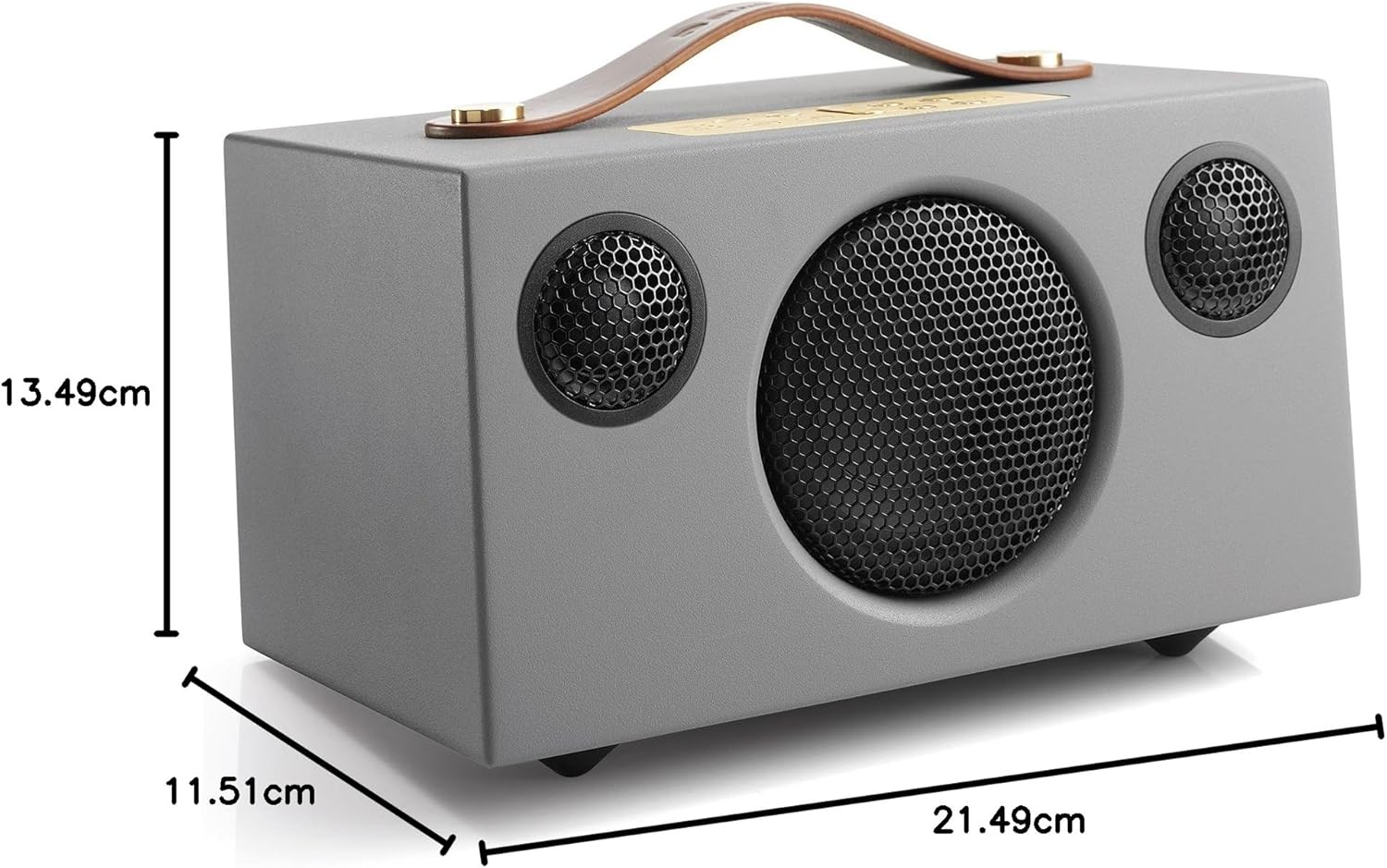 Audio Pro Addon C3 speaker with dimensions labeled: 13.49cm height, 11.51cm depth, 21.49cm width.
