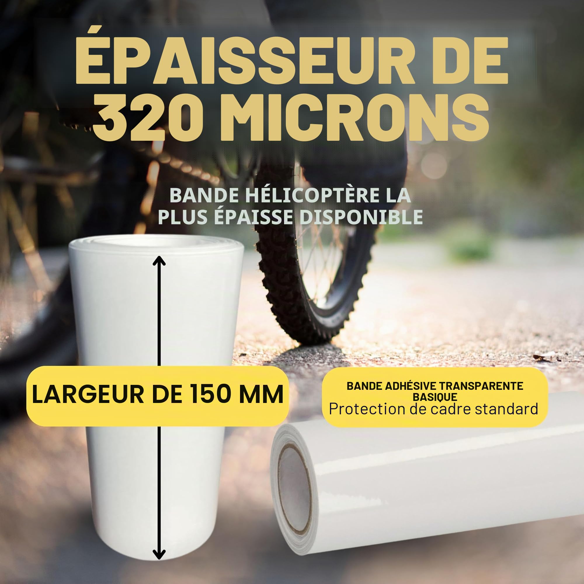 150mm x 1m, 2m, 3m Helicopter Tape or Bike Protection Tape - Accessoires de vélo pour protéger votre VTT, vélo électrique, vélo de route contre les rayures, les graviers et les dommages - Film de