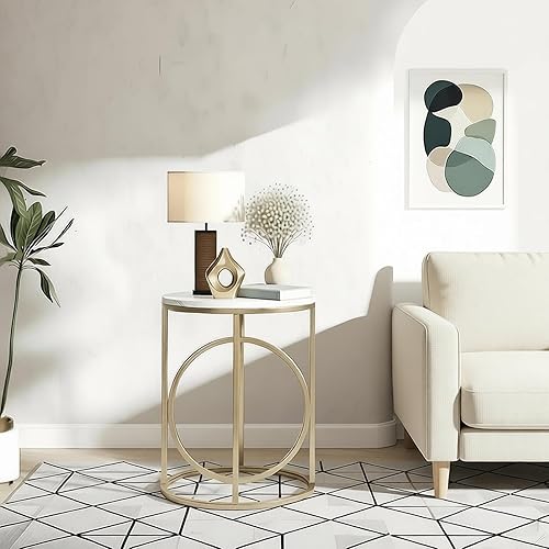 Miniatura 5 de LITTLE TREE Mesa auxiliar redonda de 20 pulgadas, moderna mesa auxiliar de sofá con base dorada en forma de O, mesa de cóctel blanca de mármol