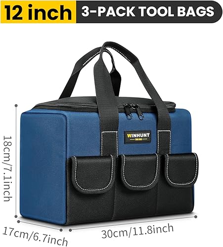 Miniatura 2 de Paquete de 3 bolsas de herramientas resistentes, bolsa de almacenamiento de herramientas de boca ancha con 5 bolsillos, bolsa de herramientas