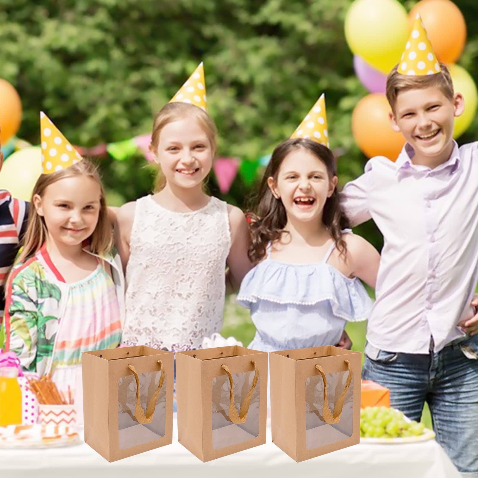 10 Geschenktüten Mit Fenster & Grußkarten – Kraftpapier, 20x16x30 Cm, Mit Stabilen Stoffgriffen
