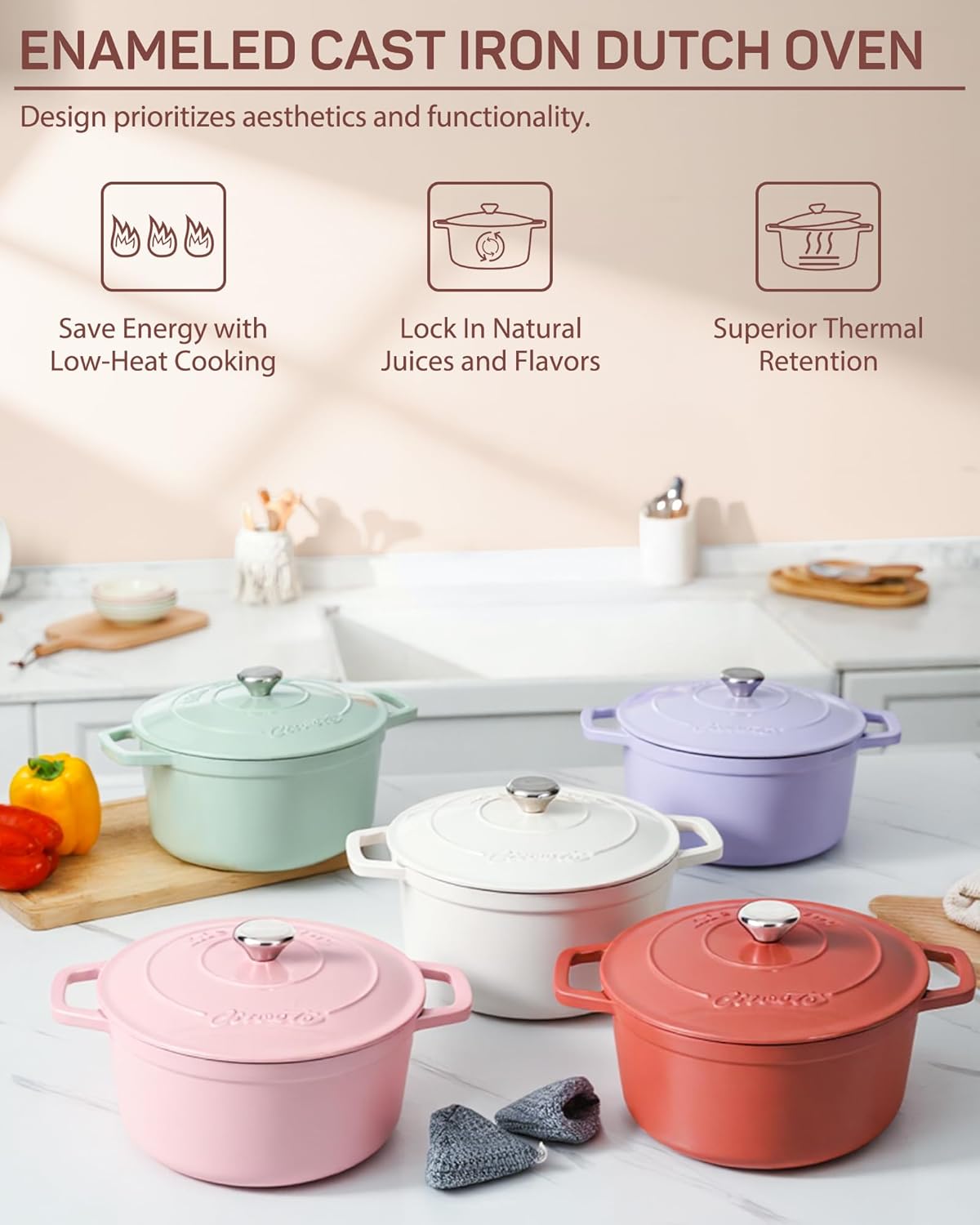 6 QT Dutch Oven Pot with Lid, Enameled Cast Iron Dutch Oven for Bread Making, Braiser, Cooking, Dual Handles, Oven Safe up to 500° F or on Stovetop, Gifts for Family - Pink