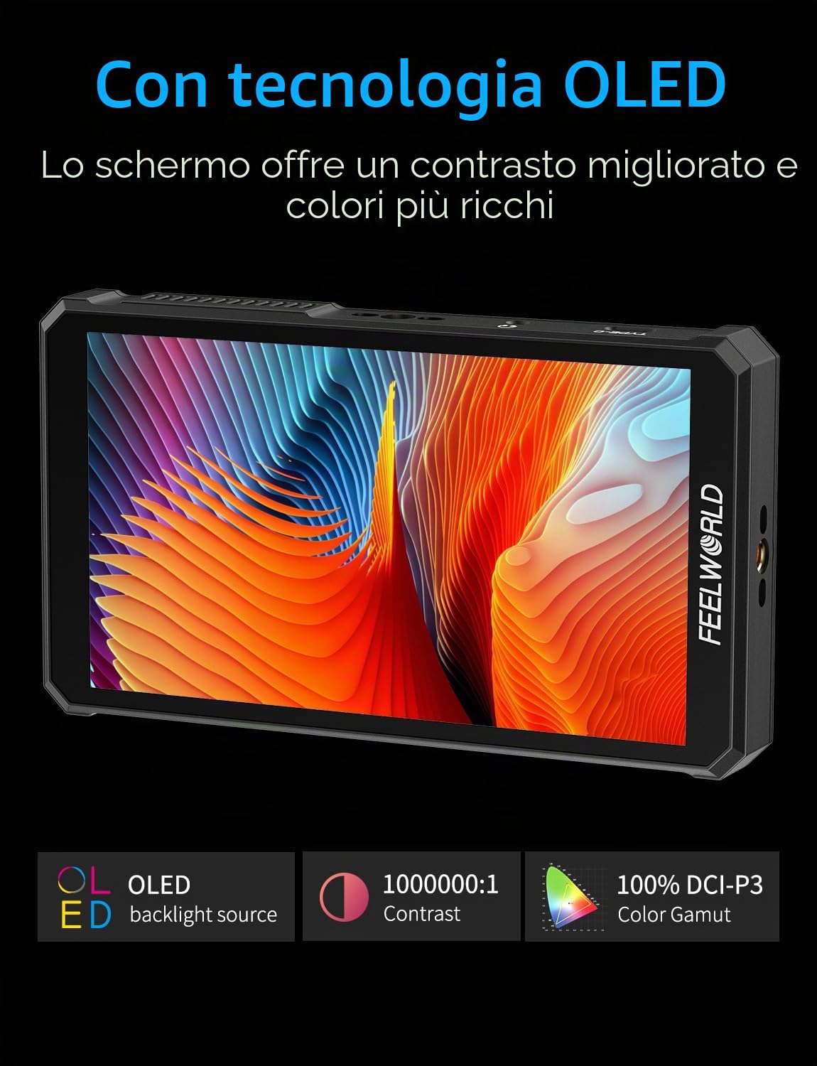 FEELWORLD PS6 Monitor da campo per videocamera da 5,5 pollici OLED verticale/orizzontale con batteria da 2200 mAh e borsa per videocamera, touchscreen, forma d'onda, 3D LUT, istogramma per cortometra