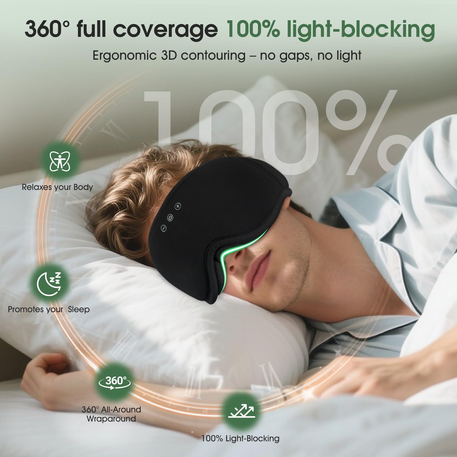 MUSICOZY - Antifaz para dormir con auriculares de algodón de bambú 3D, máscara para dormir con Bluetooth, máscara inalámbrica con auriculares para dormir de lado, presión cero 100 % opacidad ligera