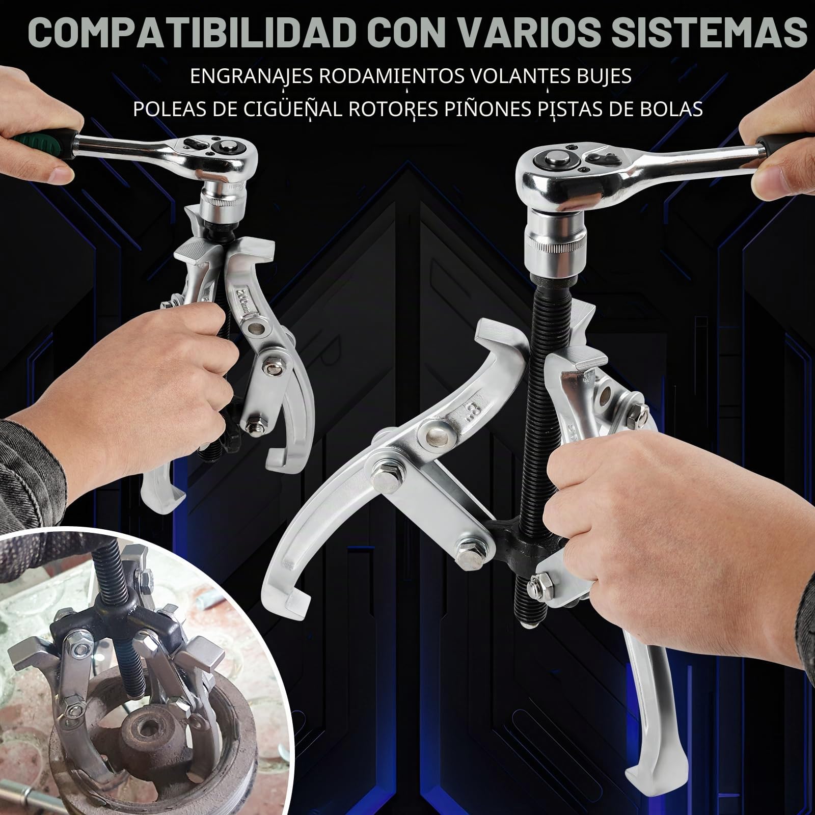 Extractor de Rodamientos 3" 4" 6" 8", Herramienta Extractora Interior Exterior, Juego Extractor 2 Brazos/3 Brazos con Carraca, Kit Resistente de Acero Cr-V para Engranajes, Poleas, Carraca & Vasos