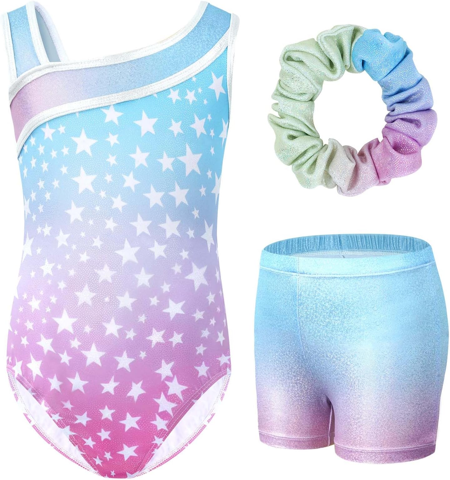Gogokids Girls' Three-Piece Gymnastics Set, Sleeveless Leotards with Shorts and Hairband, Sparkling Ballet Dancing Unitards - Gymnastics Outfit with Gradient Color Design for 3-12 Years