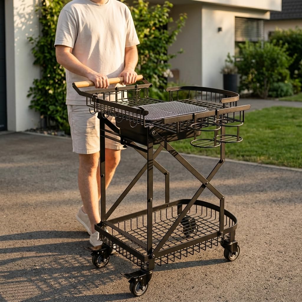 Barbacoa Carbón Portátil, Parrilla Barbacoa Exterior con Ruedas, Carrito Acero y Madera, para Camping y Jardín, Carro de barbacoa con parrilla, ganchos y portabebidas (embalaje suelto)