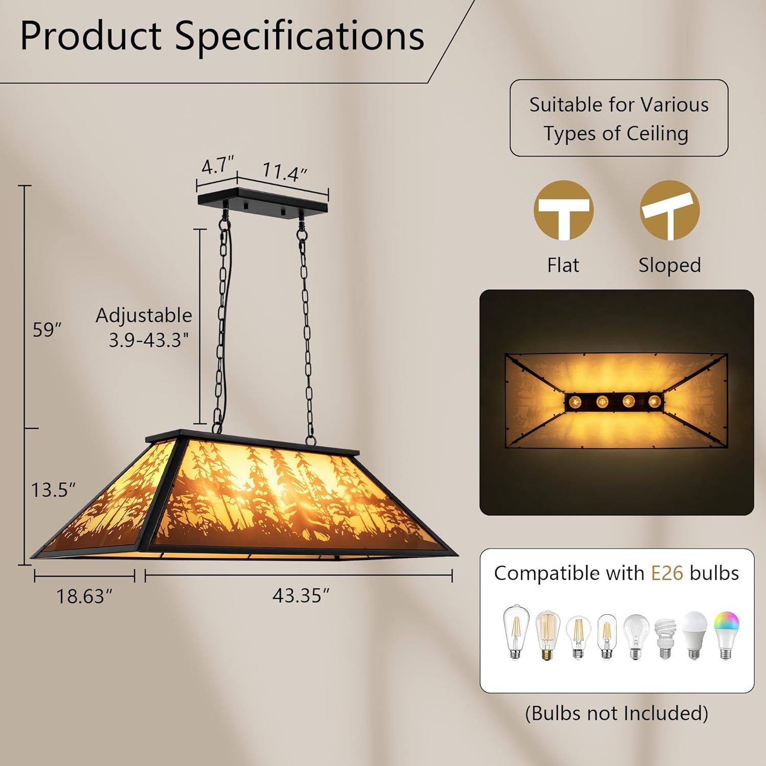 4-Light Rustic Pool Table Light, 43" Billiards Light Fixture for 7'-9' Pool Table Hanging Lamp, with Forest Pattern Billiards Light Transmittance Shade, Suitable for Game Room, Man Cave