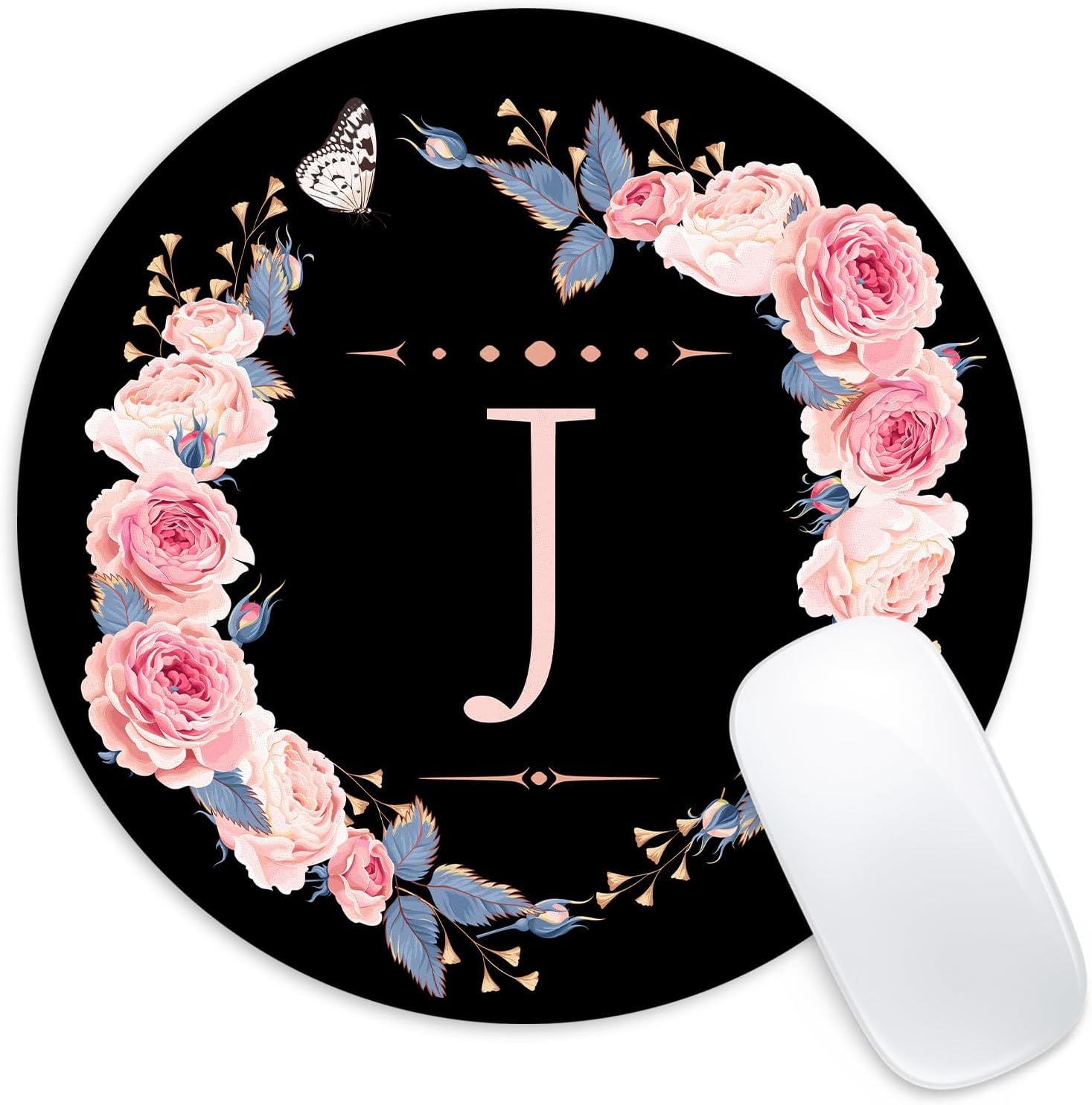 Letter J Black and Pink Flowers Round Mouse Pad, Funny Small Mouse Mat with Non-Slip Rubber Base, Home Office Decor Desk Accessory, 8.7 inch Round