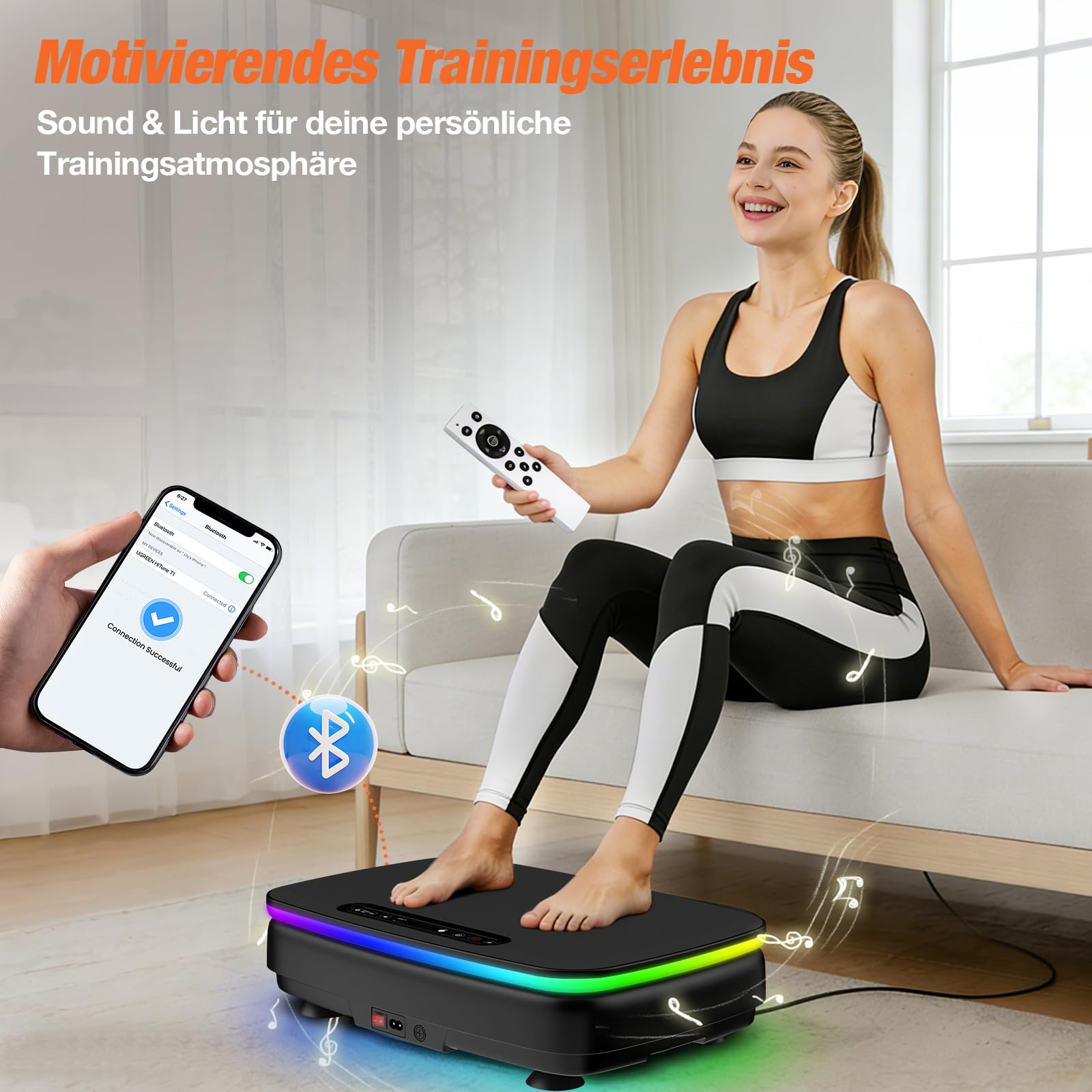 DH FitLife Vibrationsplatte für Zuhause | Rüttelplatte 0–99 Stufen mit Timer | 9 Auto-Programme | leise Schwingplatte mit Saugnäpfen | Stimmungslicht & Bluetooth Sprecher | inkl. Zugbänder | 150kg