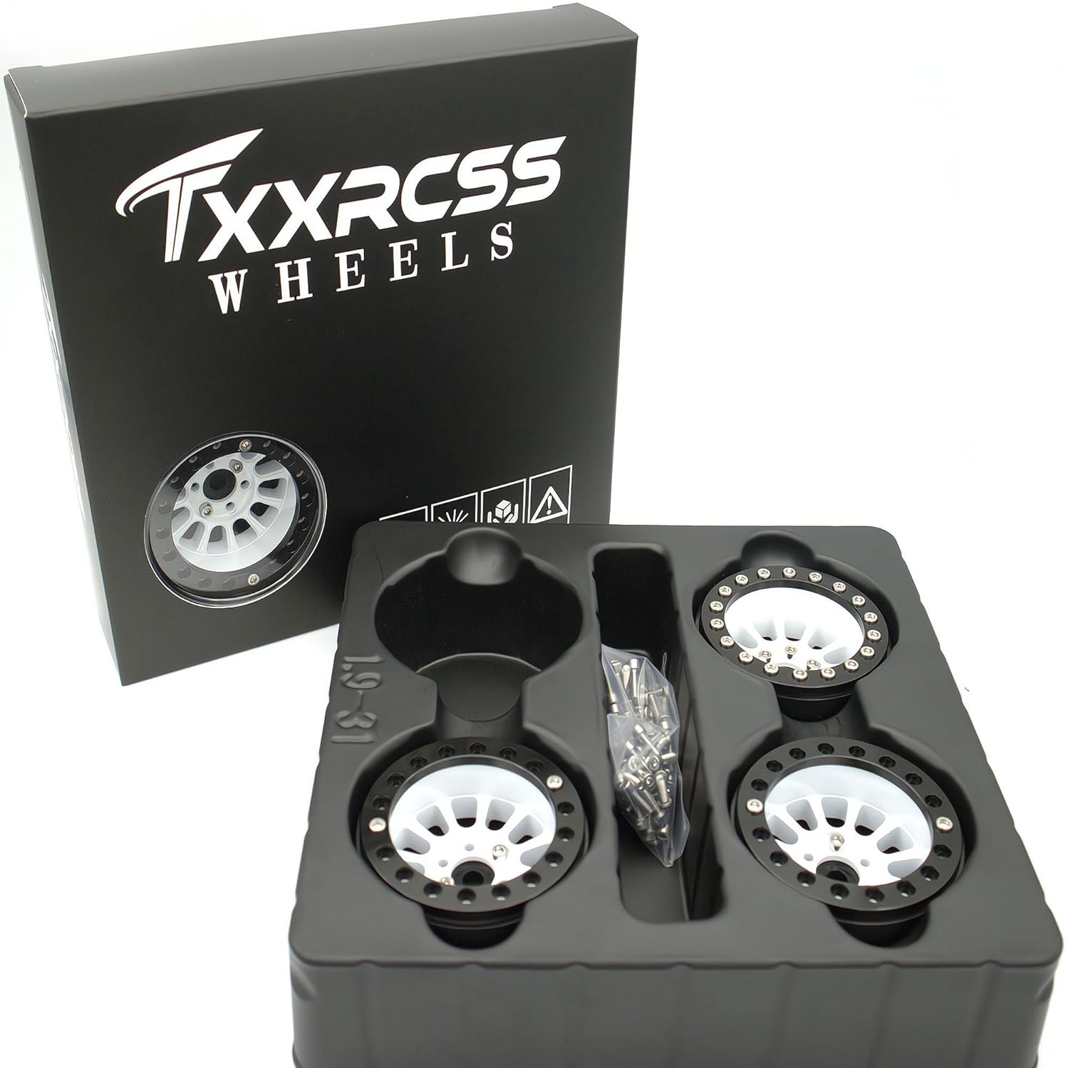 1.9 Beadlock Wheels Rims -152g Super Heavy Duty Deep Dish 32mm Wide for RC 1/10 Crawler TRX4 SCX10 Gen8 Upgrades SCX10 Remote Control Car Upgrades Accessories (White & Black)