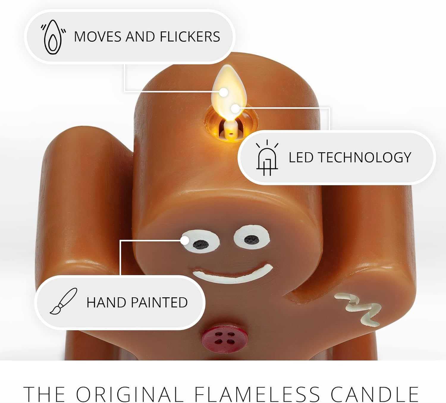 Luminara Flameless Festive Decor - Gingerbread Man Figural LED Candle Natural Color, Brown, 5.3" x 7.5" Real Wax Moving Flame Battery Operated Timer - Image 3