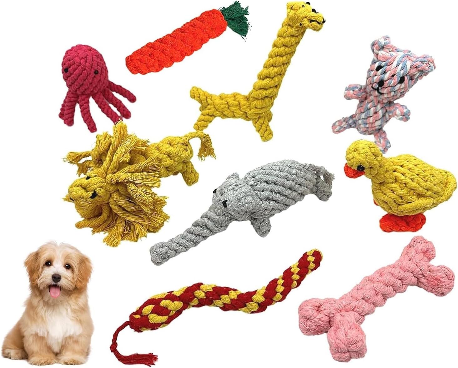Dog Chew Toys for Small and Medium dogs, Animals and Fruits Shapes Cotton Rope Toys for Aggressive Chewers, Handwoven Interactive Dog Toys for Tug of War, Dental Health, Cleaning (9Pcs, Animals)