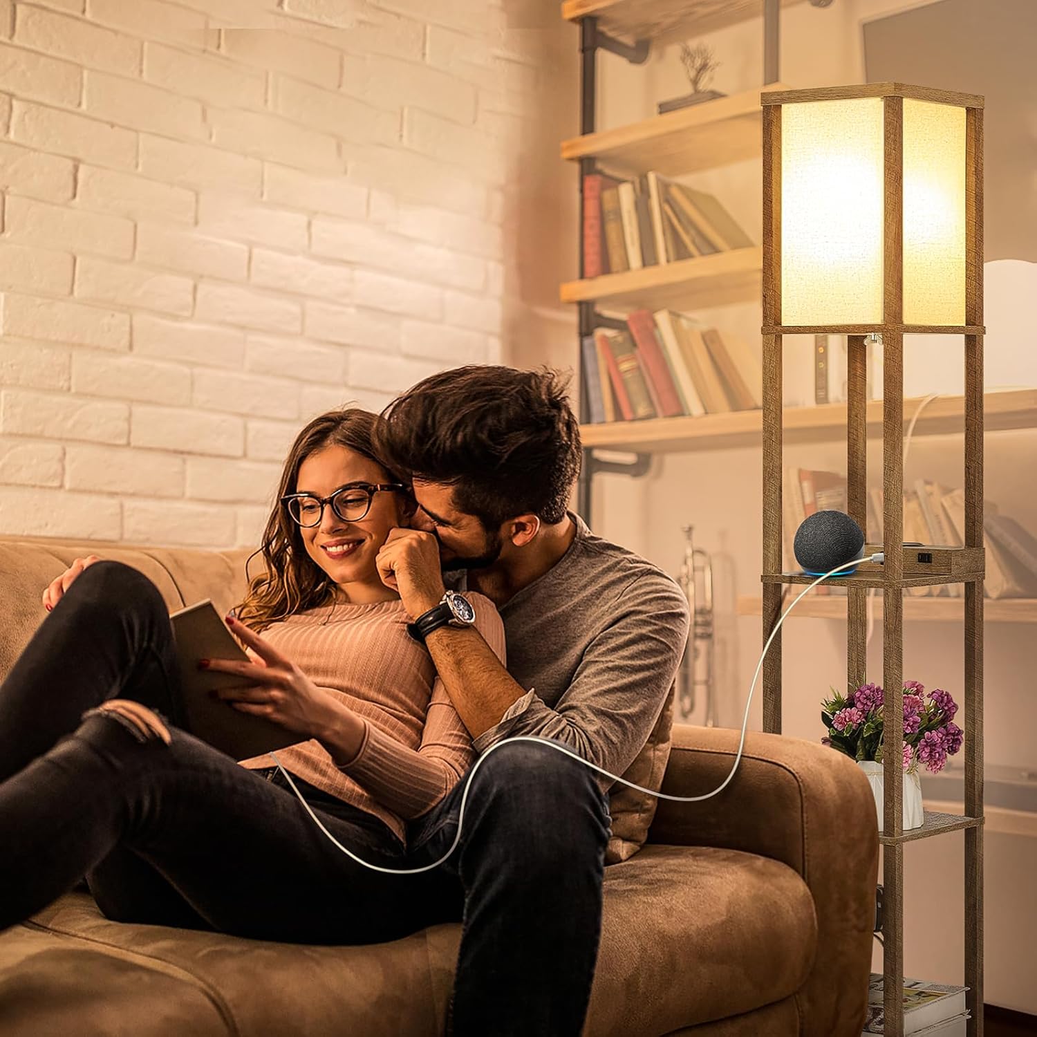 Mlambert Modern Shelf Floor Lamp with Wireless Charger & Fast Charging USB Port Type C 2 Power Outlets,3 Tier Storage Display Standing Narrow Corner Light for Bedroom Living Room(Wood)