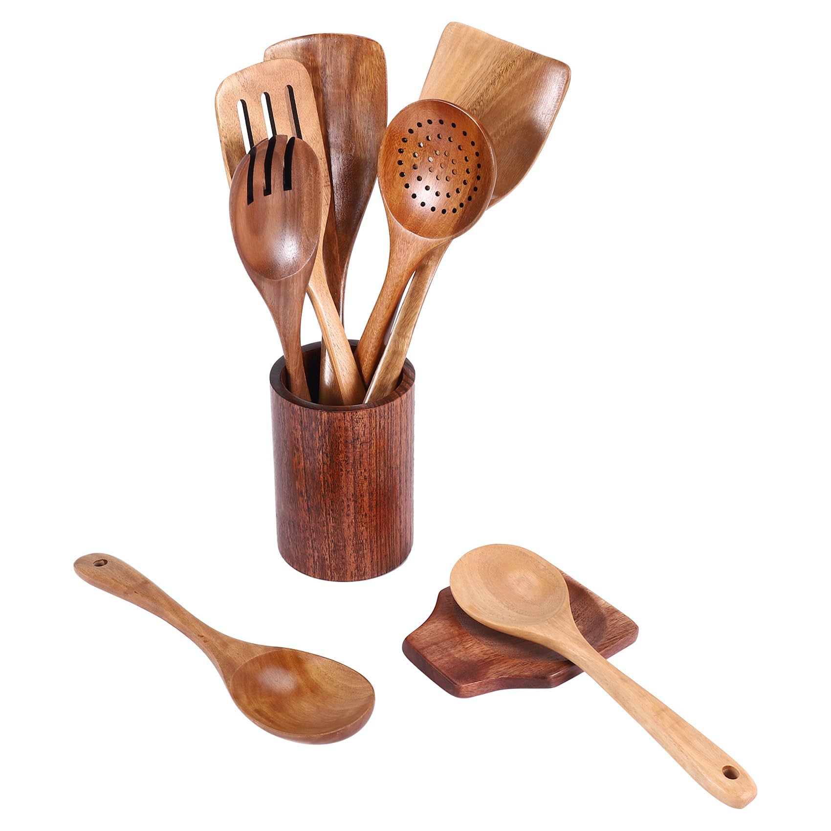 Set 9 Utensili Da Cucina In Legno Di Teak Con Porta Utensili E Poggia Cuchiai