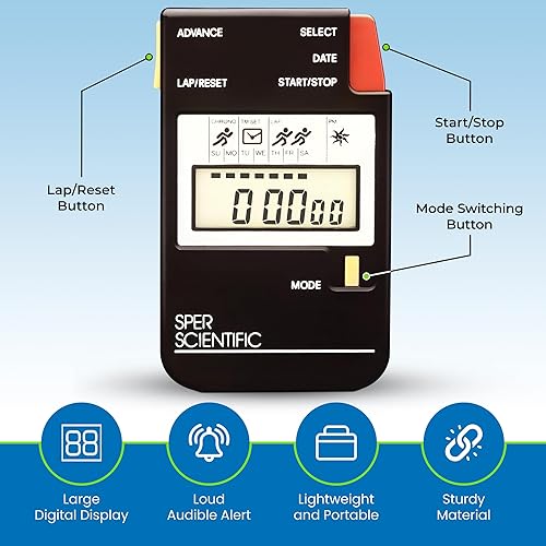 Miniatura 3 de Sper Scientific Cronómetro digital de pantalla grande con funciones de reloj y alarma 810022 - Temporizador LCD fácil de leer, cronómetro duradero y