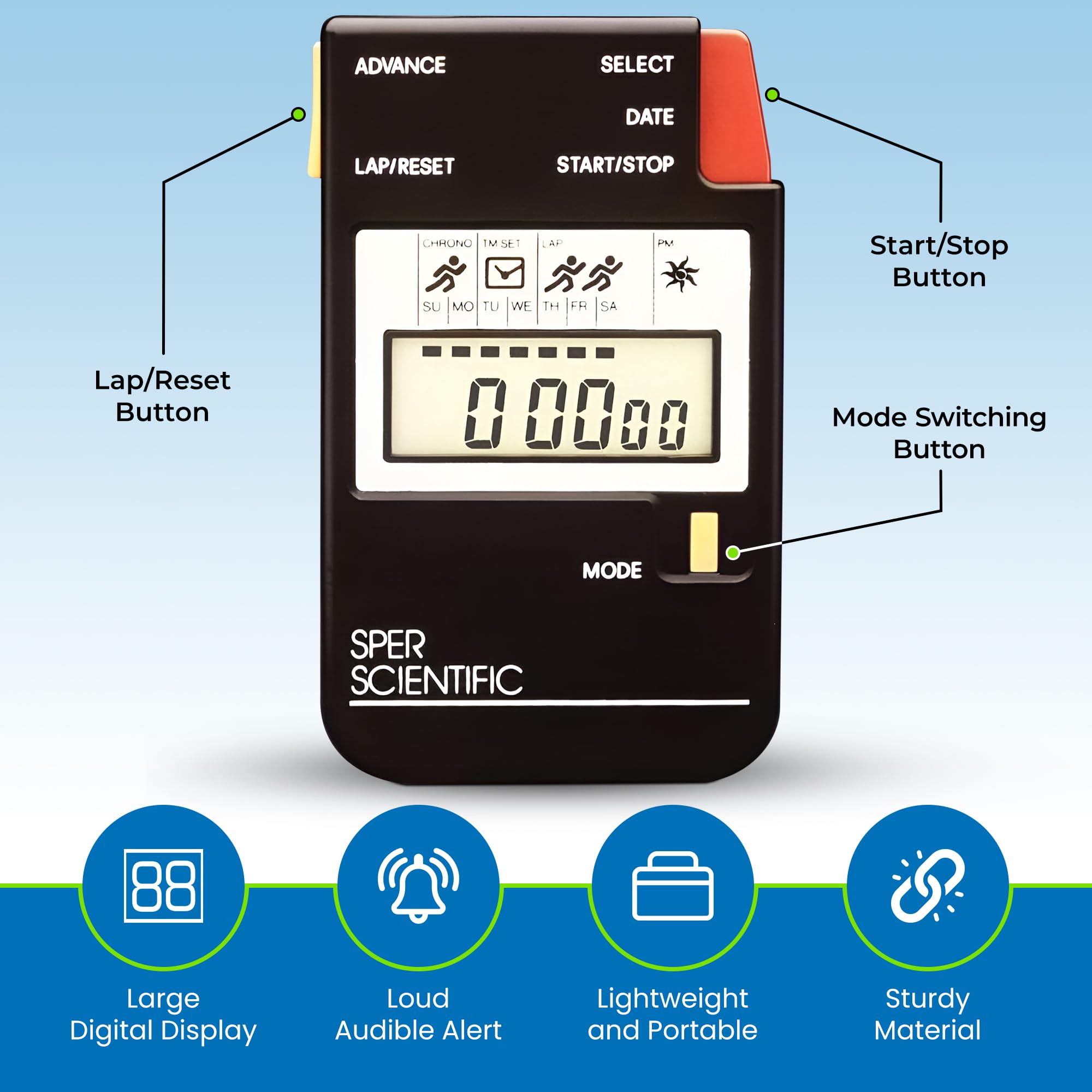 Sper Scientific Cronómetro digital de pantalla grande con funciones de reloj y alarma | 810022-2 paquetes