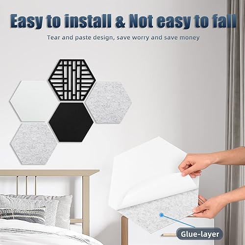 Miniatura 7 de Paquete de 12 paneles acústicos autoadhesivos, paneles hexagonales a prueba de sonido, paneles absorbentes de sonido de 14 x 12 x 0.4 pulgadas,