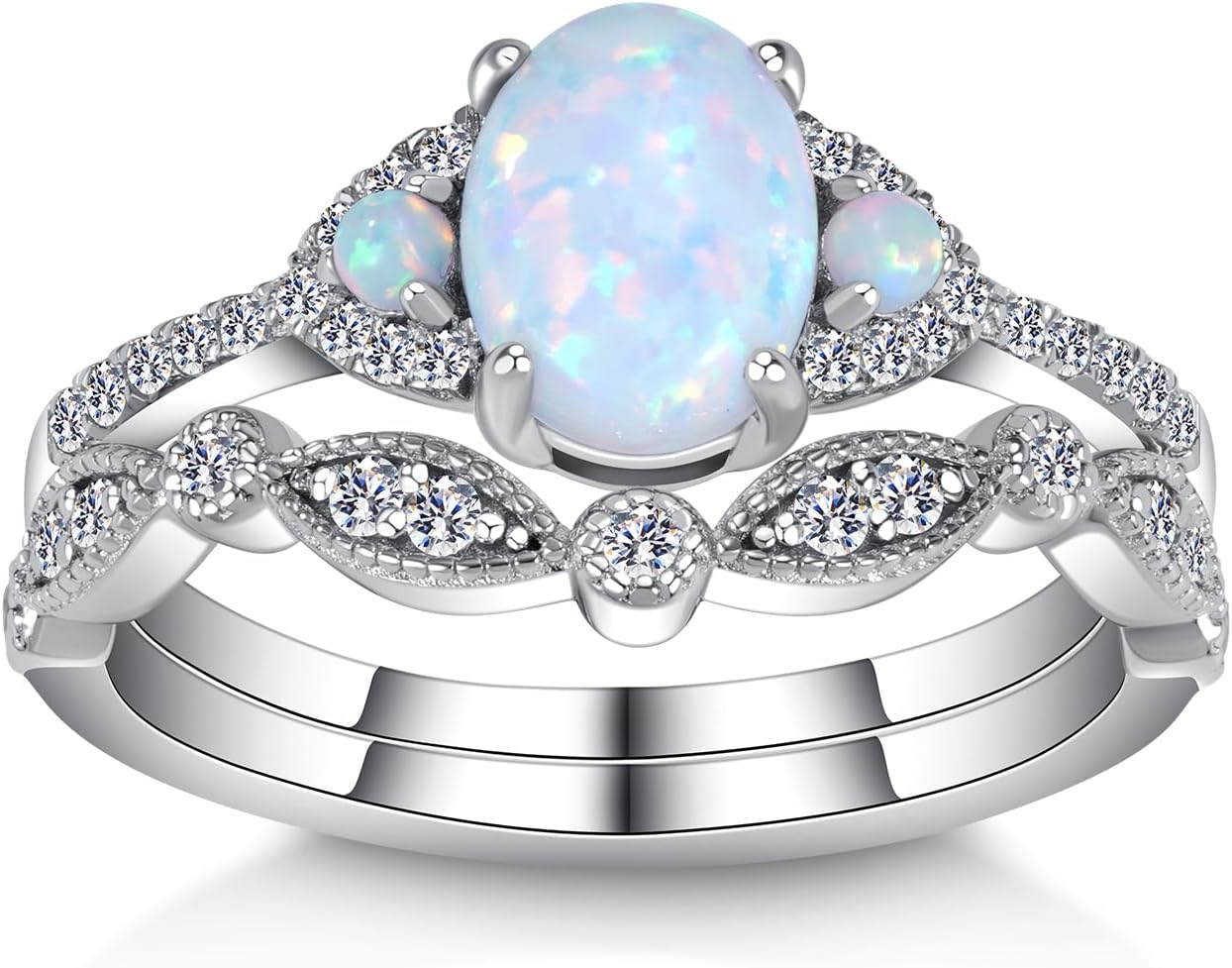 3 Stone Oval-Cut Natural Opal Engagement Rings Sets for Women,925 Sterling Silver Split Shank Moissanite Wedding Rings Sets,Bridal Ring Sets for Anniversary Birthday